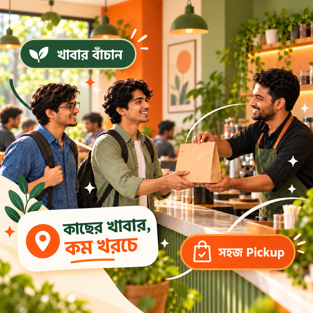 দোকান থেকে takeaway bag সংগ্রহ করছেন দুই শিক্ষার্থী